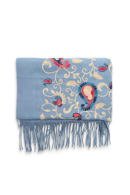 Embroidered Paisley Fringe Scarf - Blue