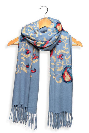 Embroidered Paisley Fringe Scarf - Blue