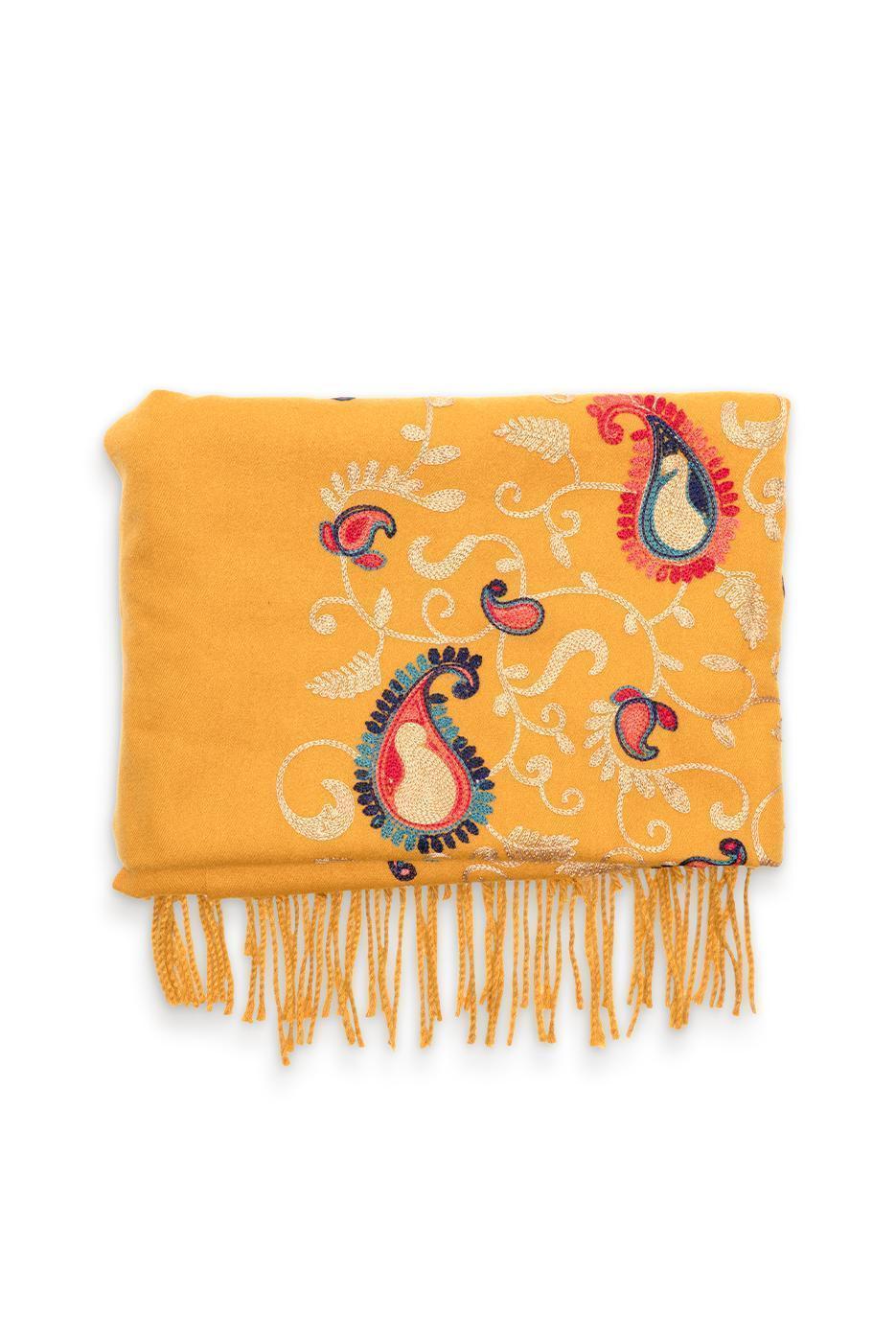 Embroidered Paisley Fringe Scarf - Yellow