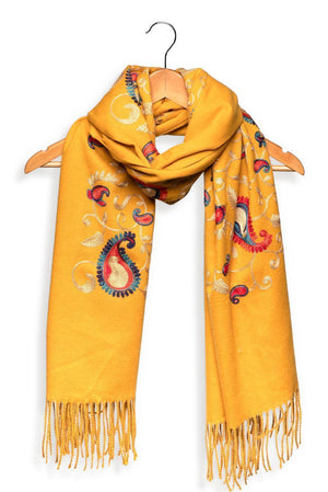 Embroidered Paisley Fringe Scarf - Yellow
