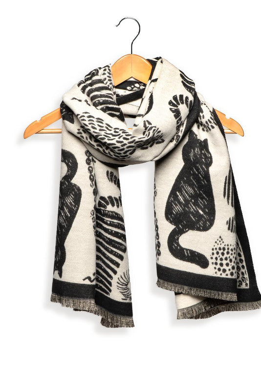 Reversible Abstract Printed Cats Scarf - Ivory/Black