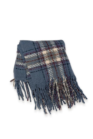 Plaid Long Side Fringe Scarf - Blue