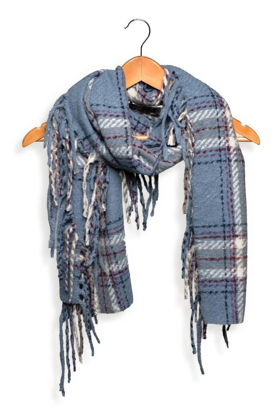 Plaid Long Side Fringe Scarf - Blue