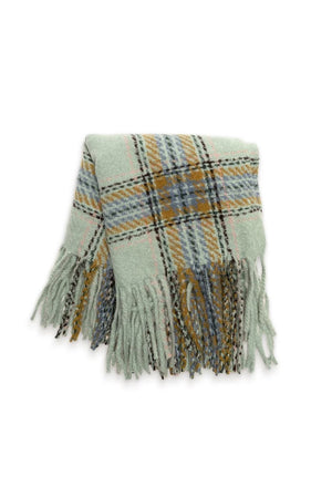 Plaid Long Side Fringe Scarf - Green