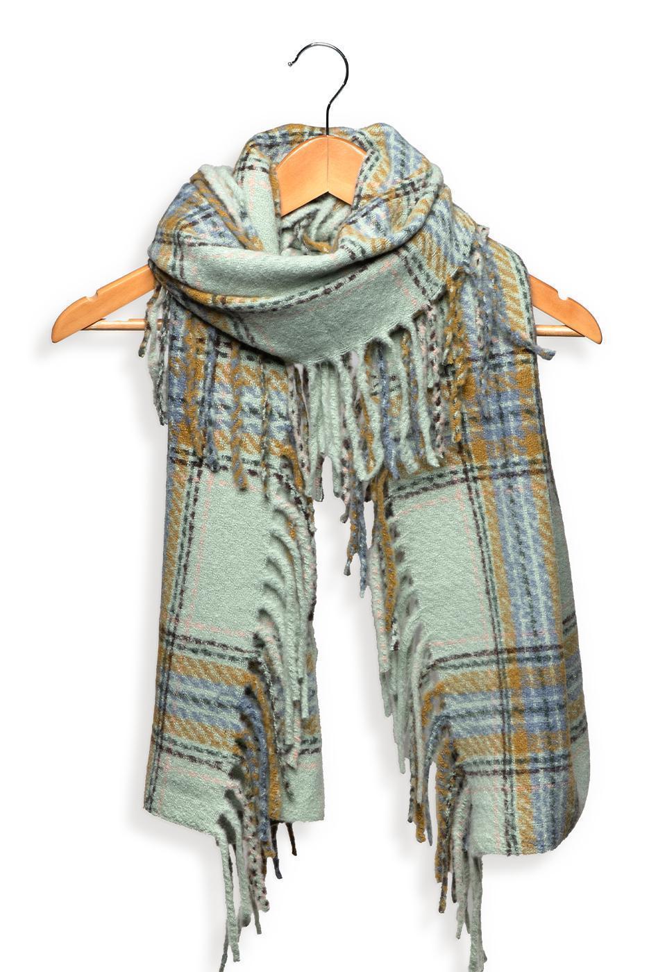 Plaid Long Side Fringe Scarf - Green