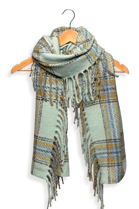 Plaid Long Side Fringe Scarf - Green
