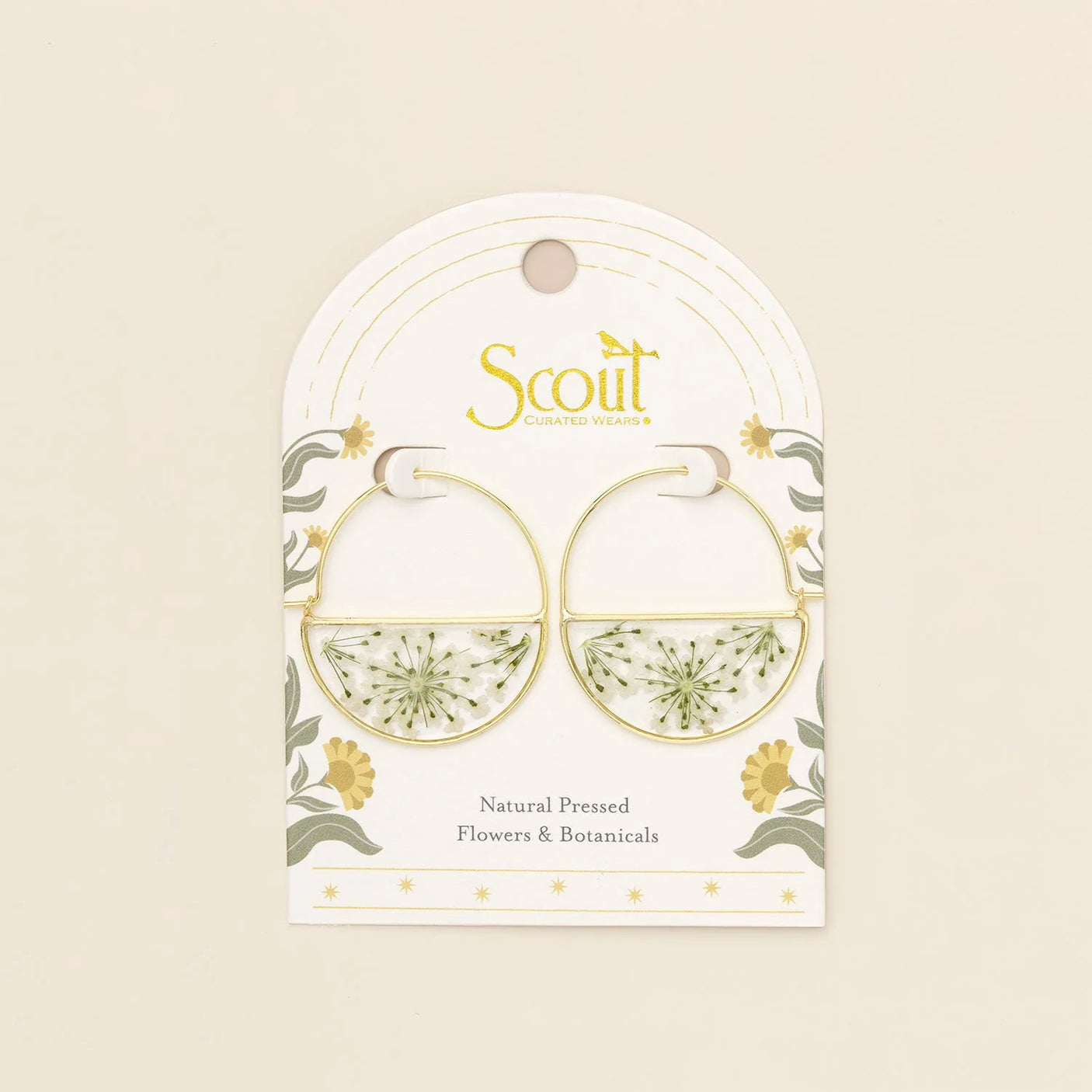 Pressed Flower Hoop Earrings - Gold - White Lace Flower