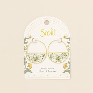 Pressed Flower Hoop Earrings - Gold - White Lace Flower