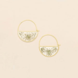 Pressed Flower Hoop Earrings - Gold - White Lace Flower