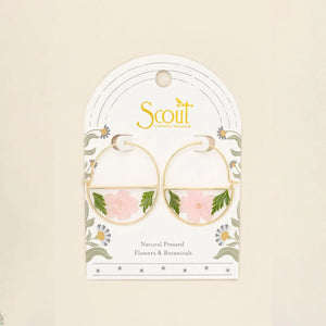 Pressed Flower Hoop Earrings - Gold - Pink Cherry Blossom