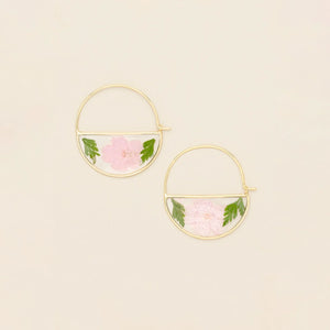 Pressed Flower Hoop Earrings - Gold - Pink Cherry Blossom
