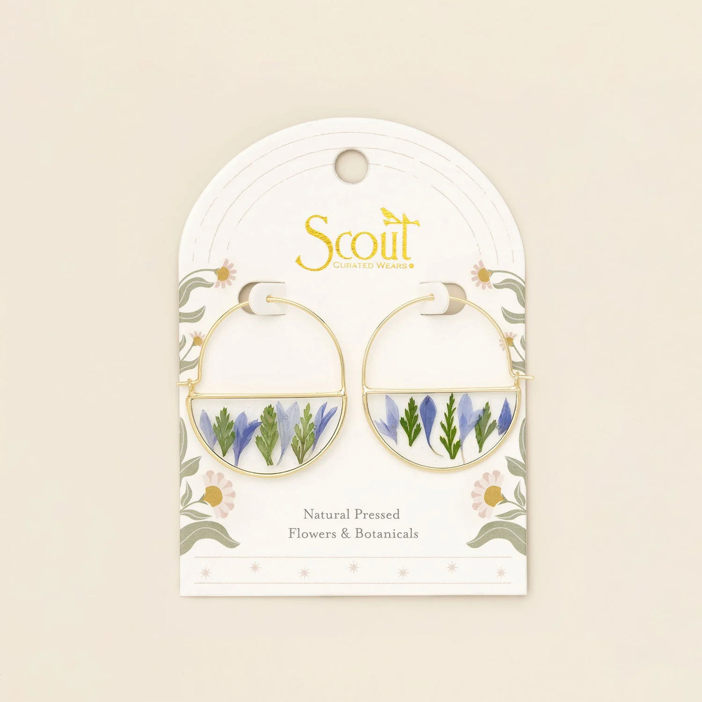 Pressed Flower Hoop Earrings - Gold - Purple Cornflower