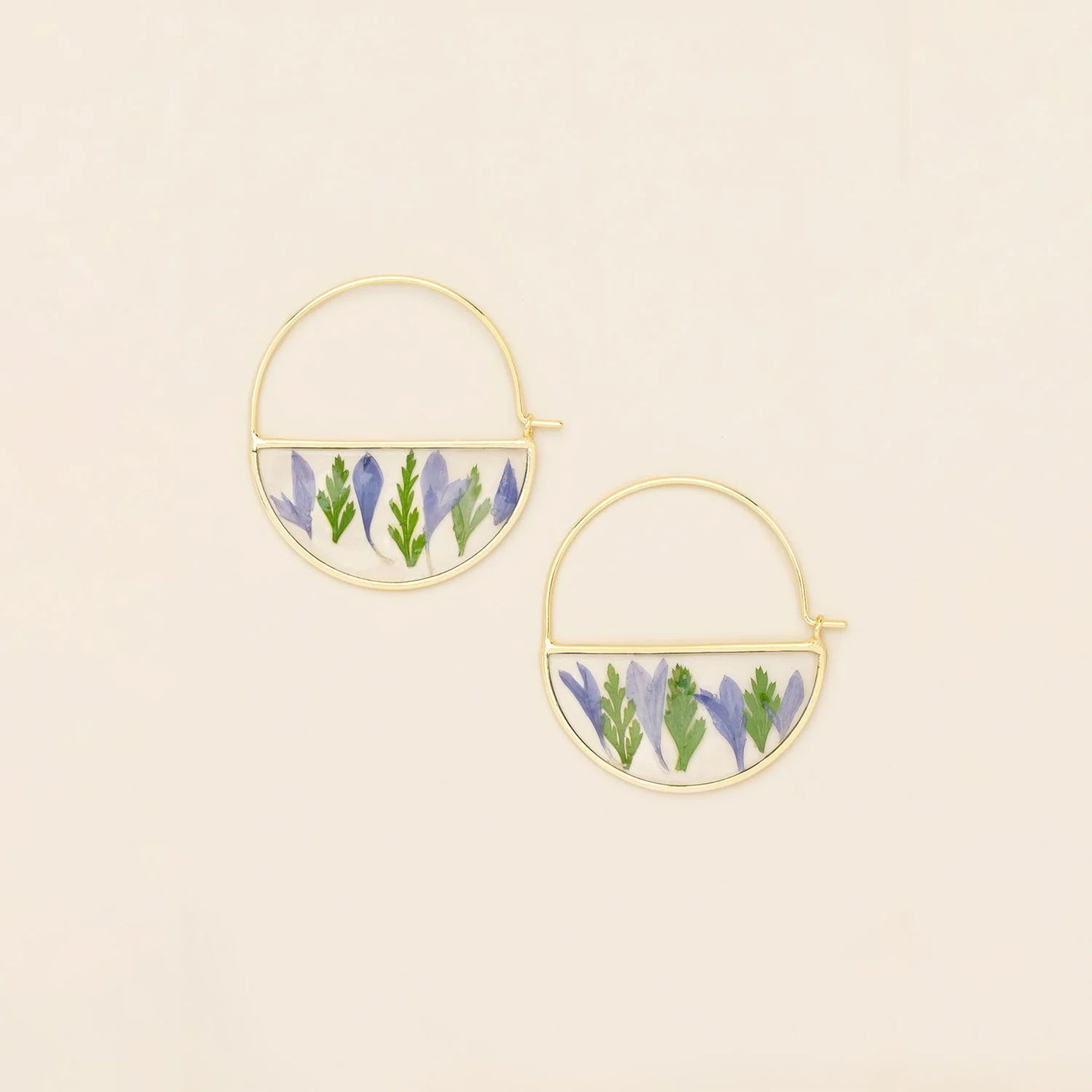 Pressed Flower Hoop Earrings - Gold - Purple Cornflower