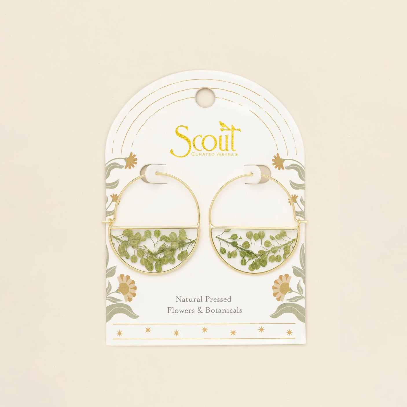 Pressed Flower Hoop Earrings - Gold - Green Peppergrass