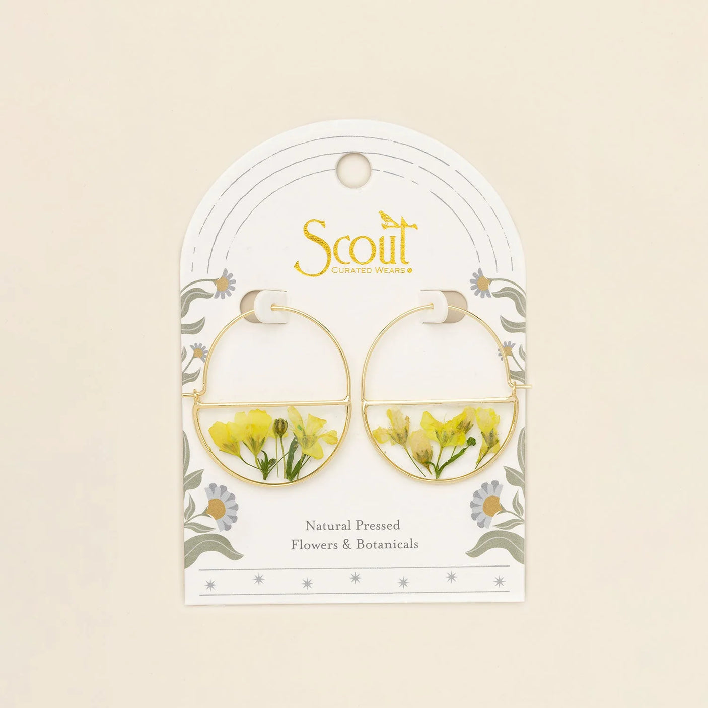 Pressed Flower Hoop Earrings - Gold - Yellow Baby's Breath