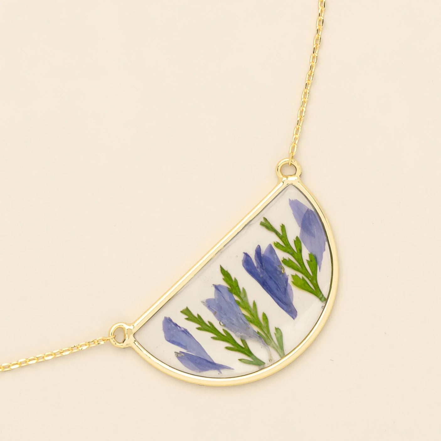 Pressed Flower Necklace - Gold - Purple Cornflower