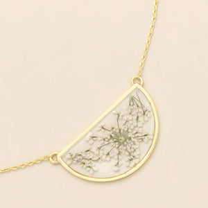 Pressed Flower Necklace - Gold - White Lace