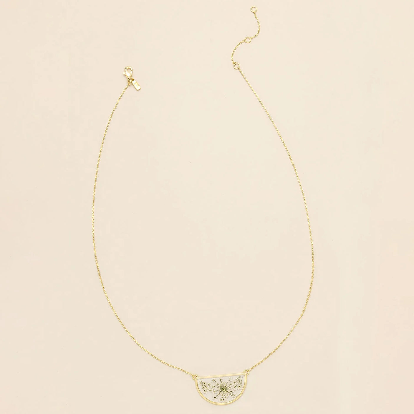 Pressed Flower Necklace - Gold - White Lace