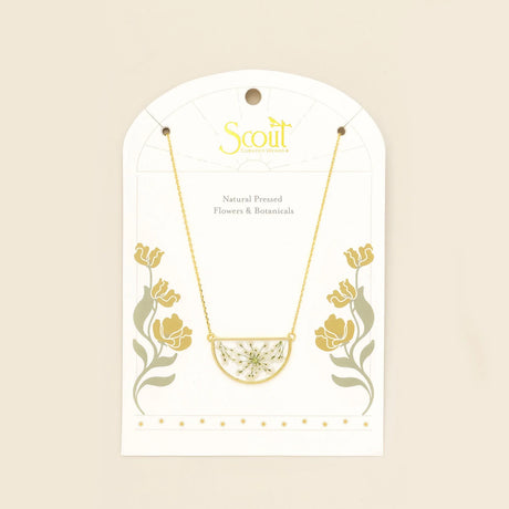 Pressed Flower Necklace - Gold - White Lace