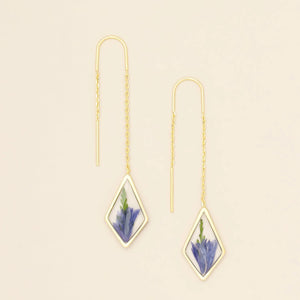 Pressed Flower Threader Earrings - Gold - Purple Cornflower