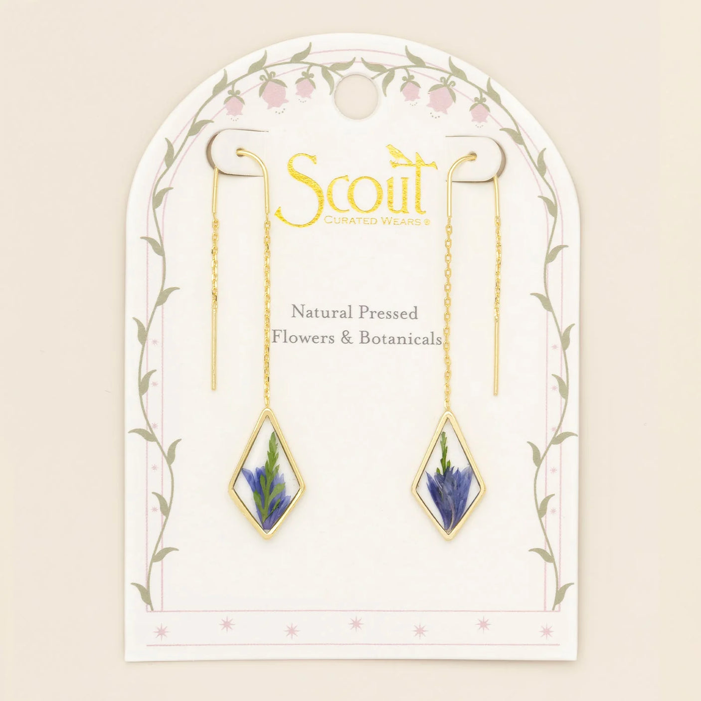 Pressed Flower Threader Earrings - Gold - Purple Cornflower