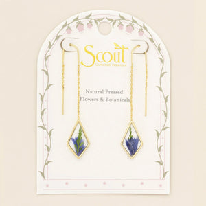 Pressed Flower Threader Earrings - Gold - Purple Cornflower