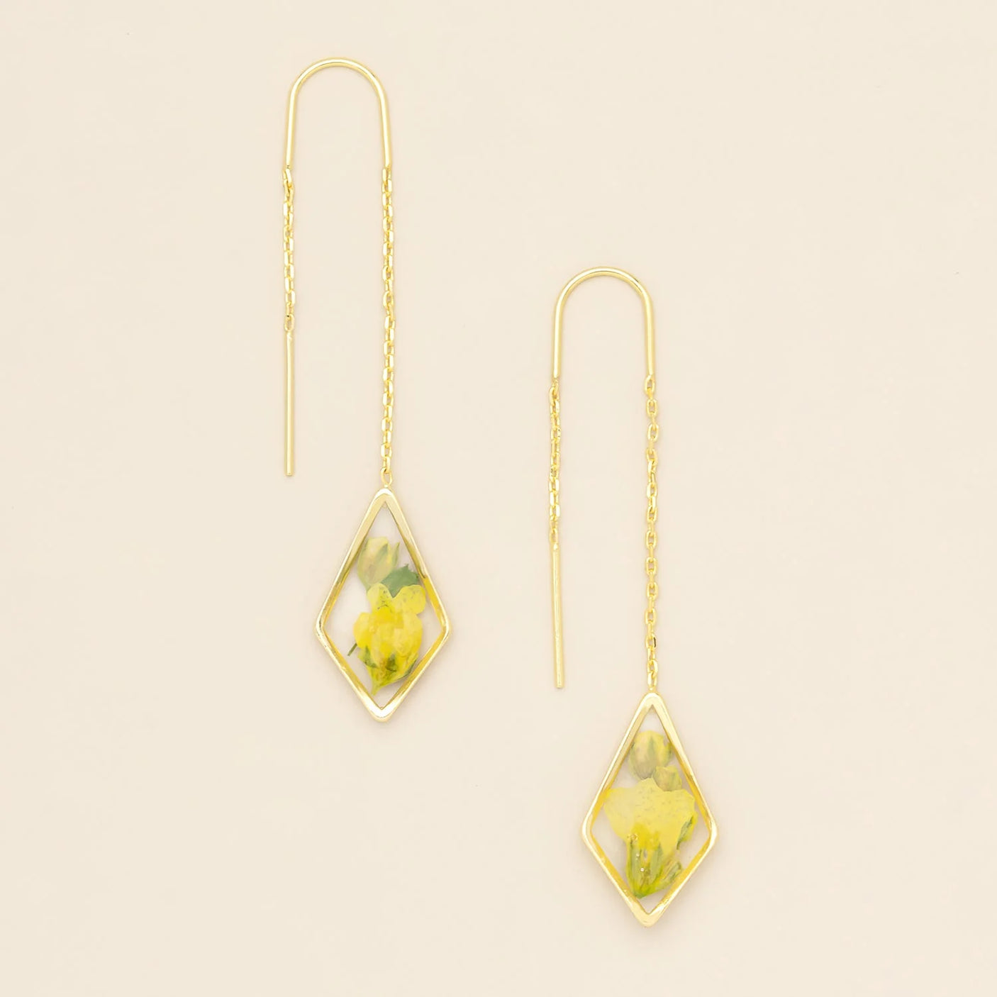 Pressed Flower Threader Earrings - Gold - Yellow Baby's Breath