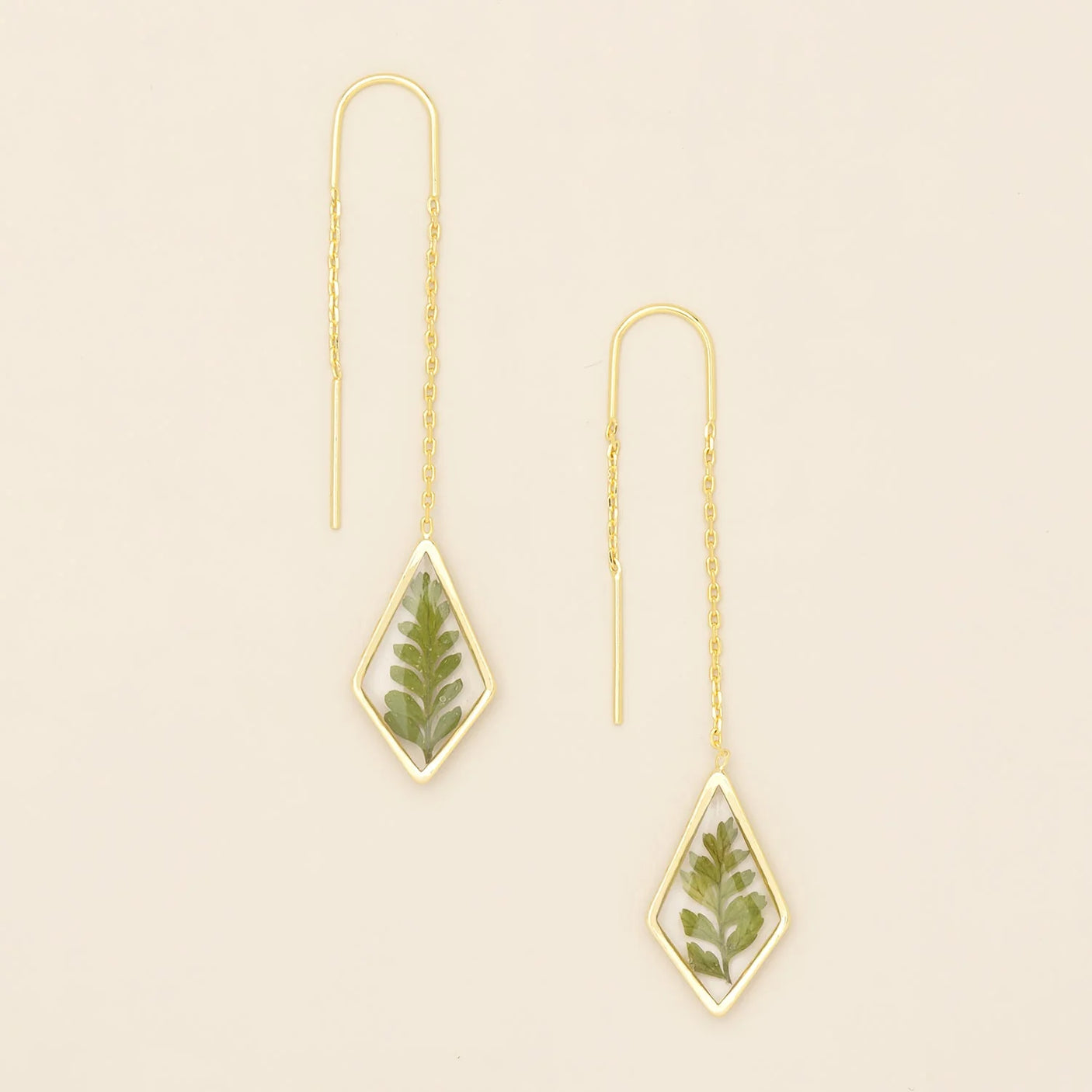 Pressed Flower Threader Earrings - Gold - Green Bracken Fern