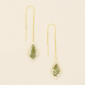 Pressed Flower Threader Earrings - Gold - Green Bracken Fern