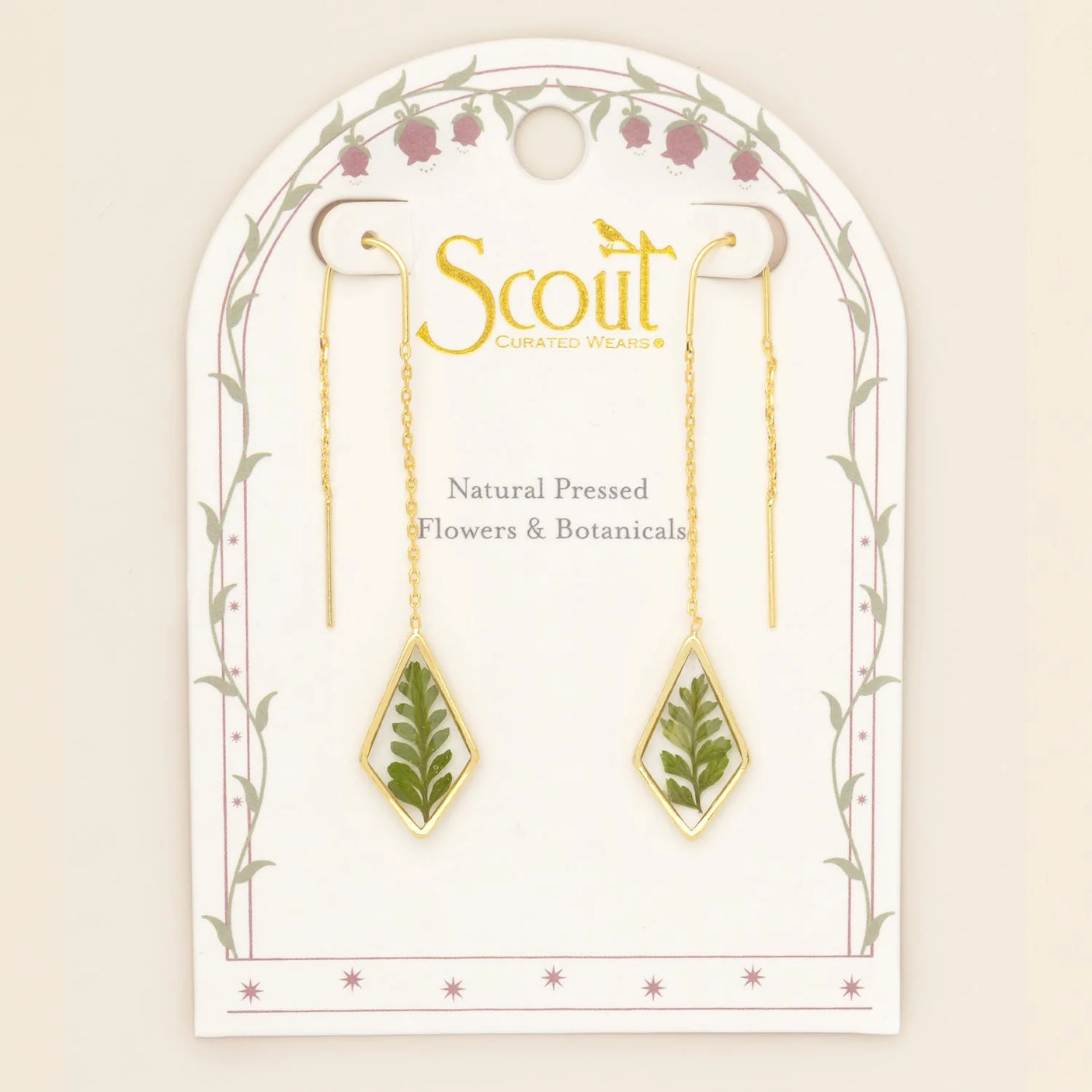 Pressed Flower Threader Earrings - Gold - Green Bracken Fern