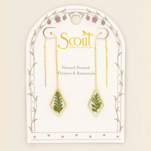 Pressed Flower Threader Earrings - Gold - Green Bracken Fern