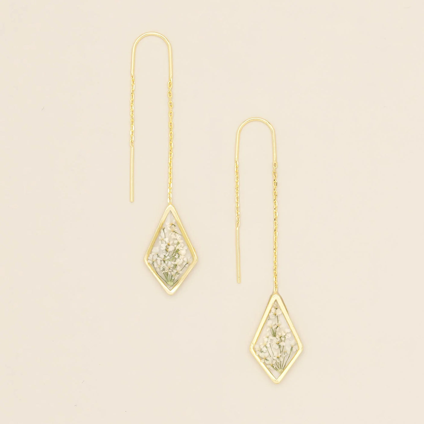 Pressed Flower Threader Earrings - Gold - White Lace Flower