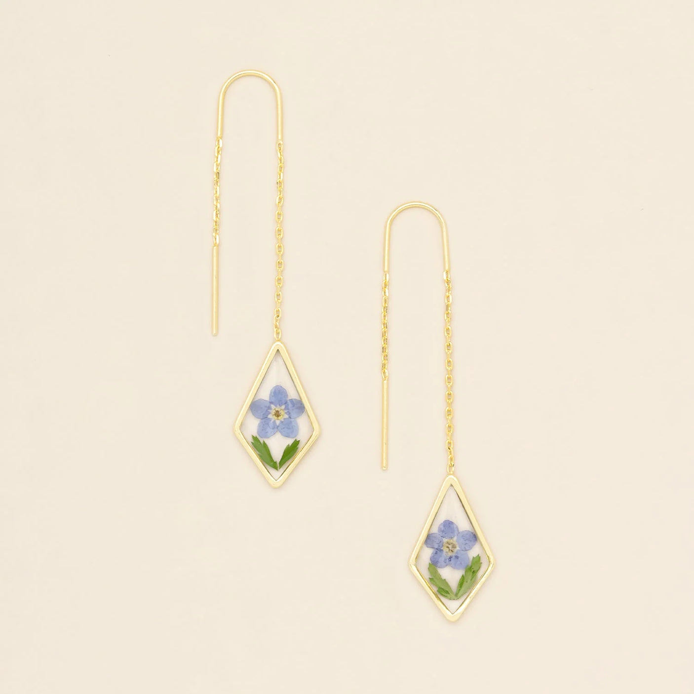 Pressed Flower Threader Earrings - Gold - Blue Forget Me Not