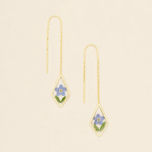 Pressed Flower Threader Earrings - Gold - Blue Forget Me Not