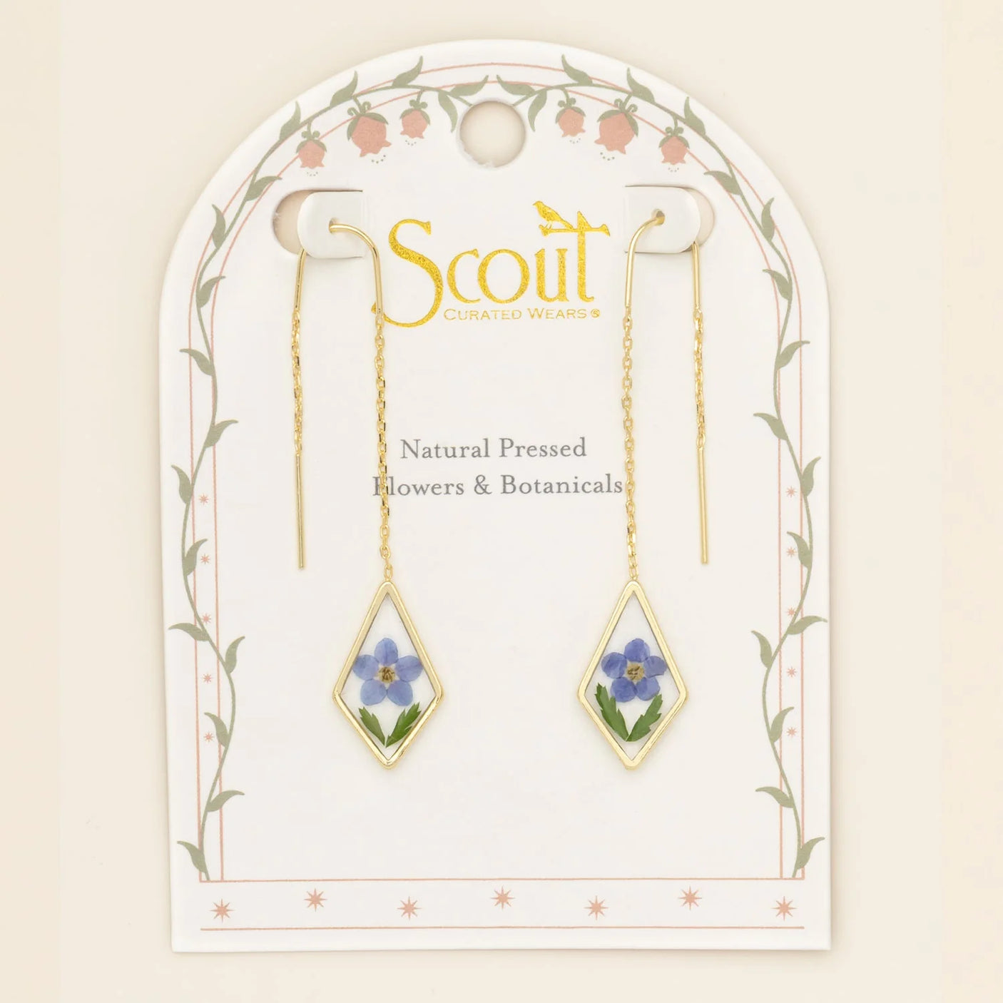 Pressed Flower Threader Earrings - Gold - Blue Forget Me Not