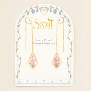 Pressed Flower Threader Earrings - Gold - Pink Lace Flower
