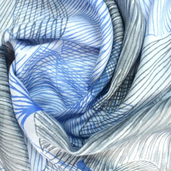 Hand Printed Overlapping Ginko Viscose Scarf - Blue Detail