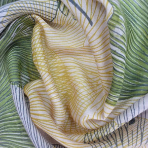 Hand Printed Overlapping Ginko Viscose Scarf - Yellow & Green Detail