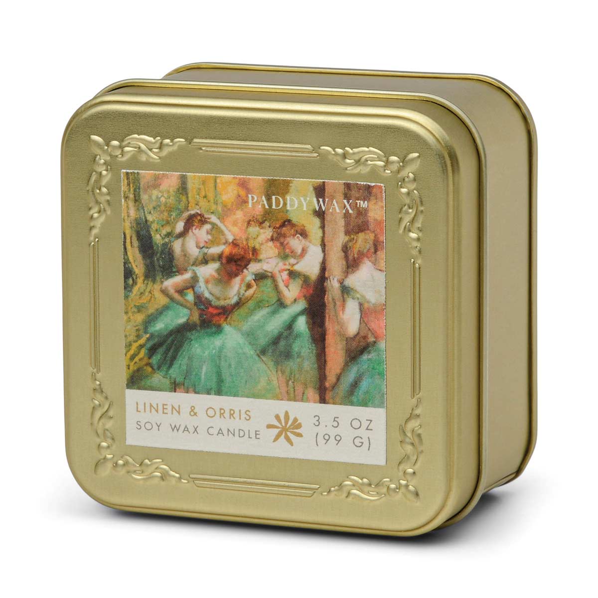 Impressionist 3.5oz Gold Travel Tin Soy Candle - Degas French Linen + Orris