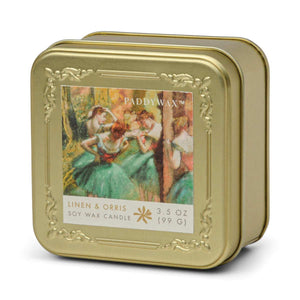 Impressionist 3.5oz Gold Travel Tin Soy Candle - Degas French Linen + Orris