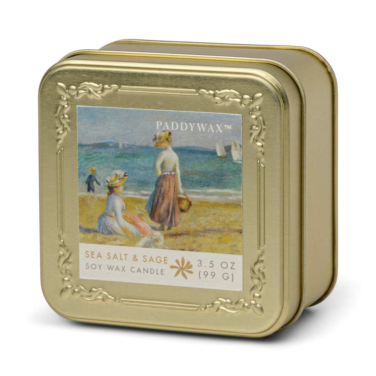 Impressionist 3.5oz Gold Travel Tin Soy Candle - Renoir Sea Salt + Sage