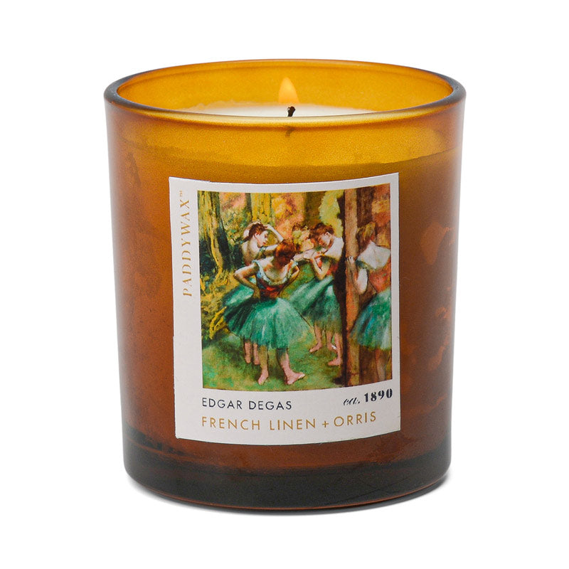 Impressionist 6oz Soy Candle Degas French Linen + Orris Label on Amber Glass Vessel