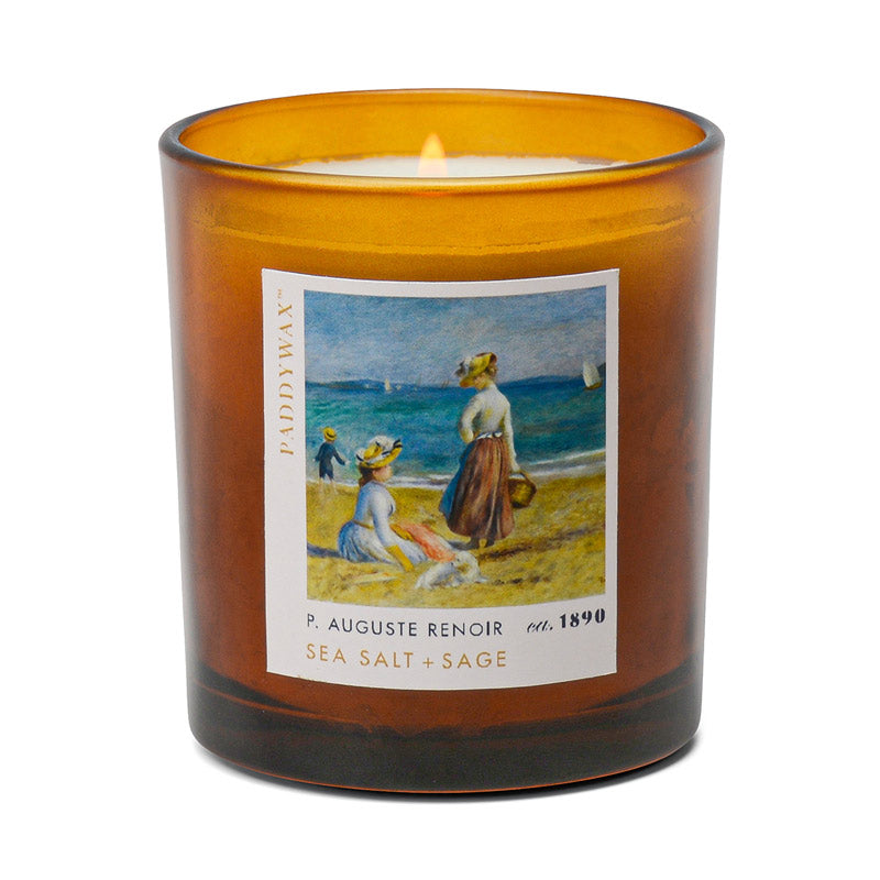 Impressionist 6oz Soy Candle Renoir Sea Salt + Sage Label on Amber Glass Vessel