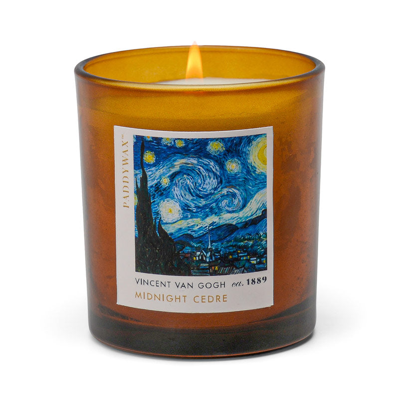 Impressionist 6oz Soy Candle Vincent Van Gogh Midnight Cedre Label on Amber Glass Vessel