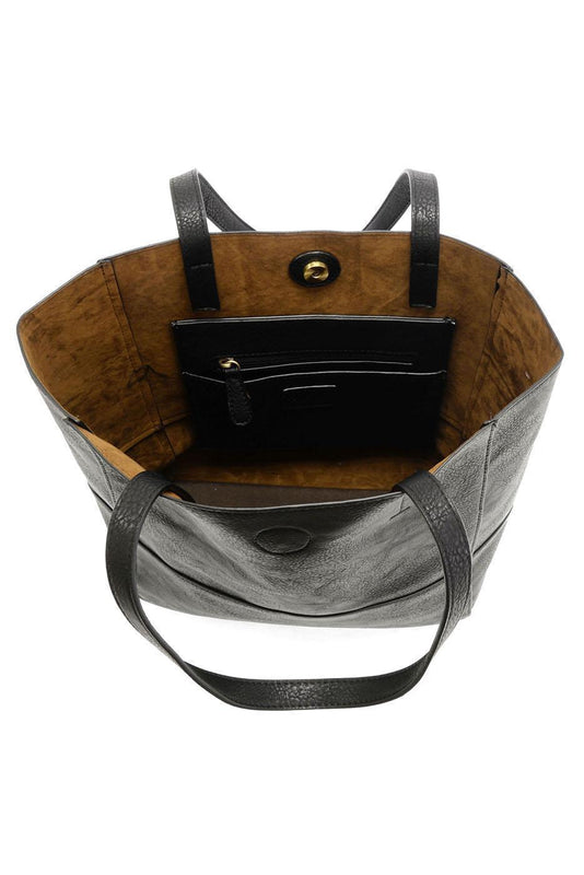 Vegan Leather Raw Edge Faith Tote Bag - Black Inside View