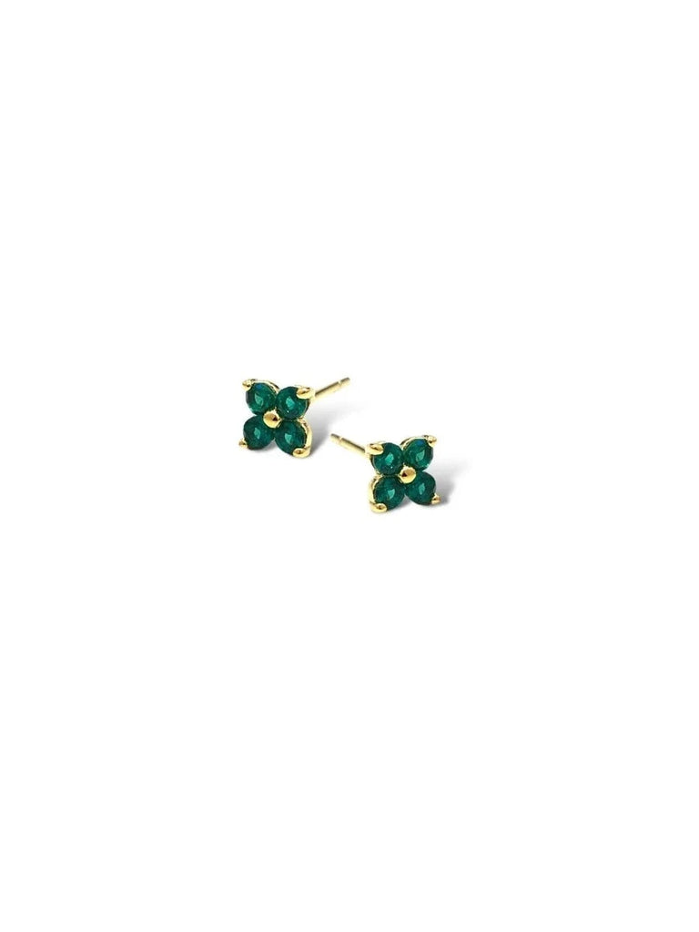 Maya CZ Clover 14K Gold Tiny Stud Earrings - Emerald