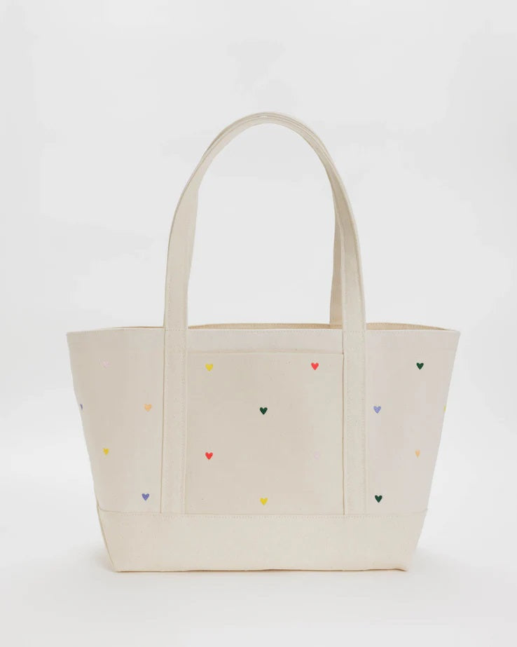 Medium Heavyweight Canvas Boat Tote - Embroidered Hearts