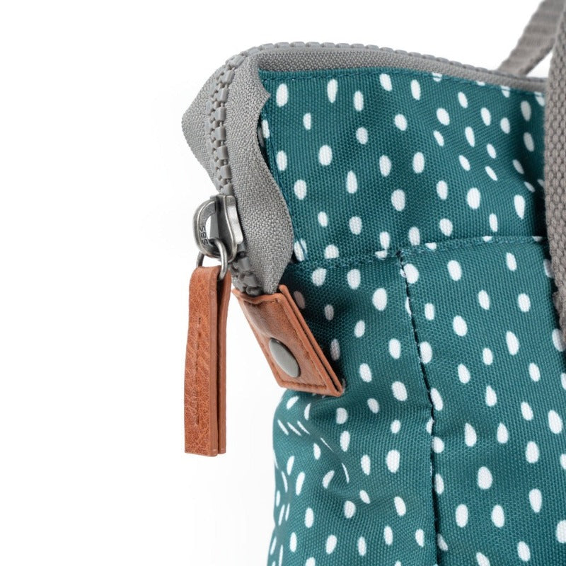 Bantry B Small Sustainable Recycled Canvas Backpack Drizzle Sage Hardware Zipper Pull Close Up