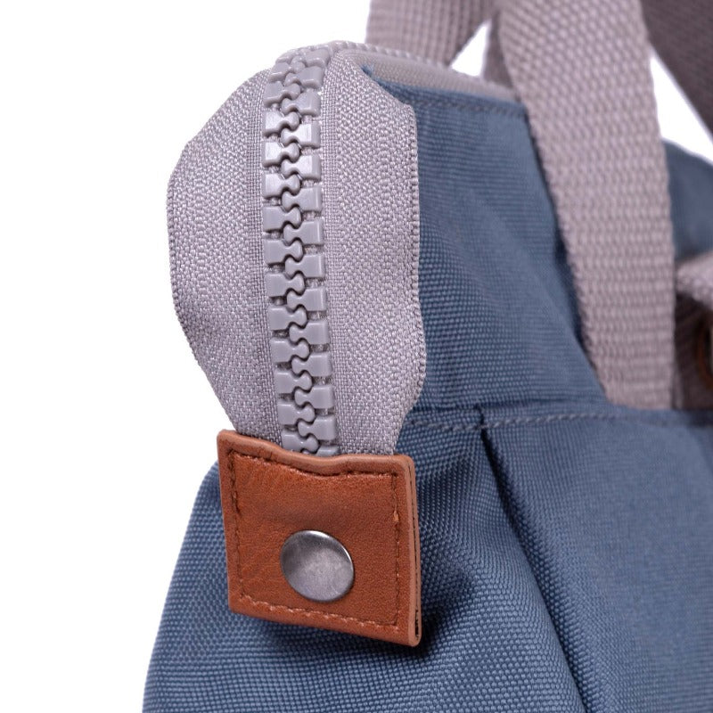 Bantry B Small Sustainable Recycled Canvas Backpack Airforce Hardware Zipper Pull Close Up