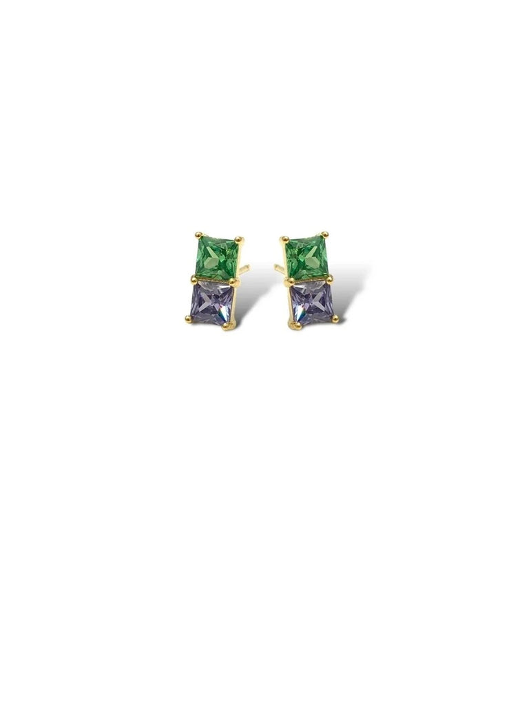 Princess Cut CZ Crystal Aurora Stud Earrings - Green/Periwinkle
